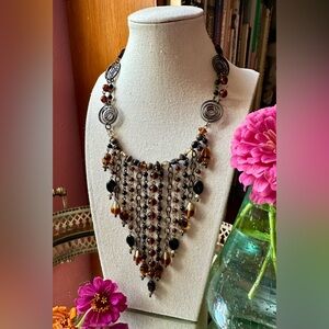 1990's Smooth Like Honey Glass and Chain Festival Fringe Bib Necklace